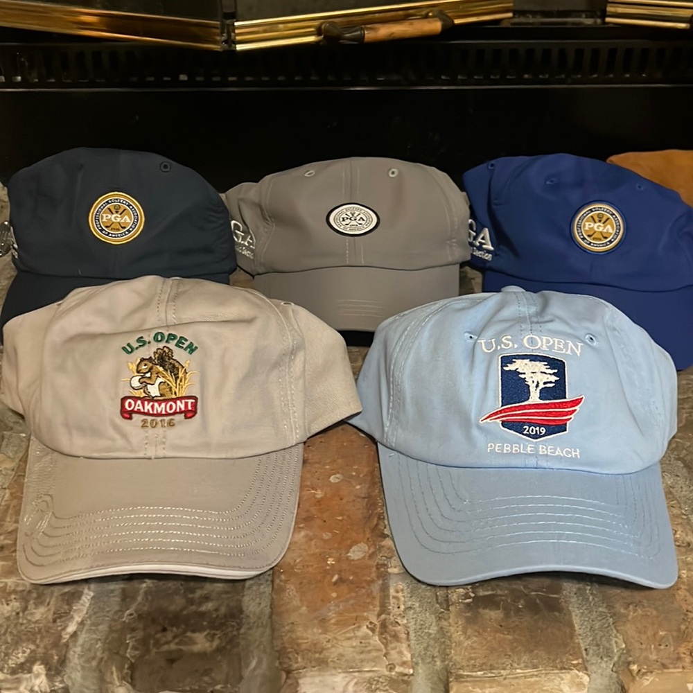 Lot of five golf hats, USGA member and PGA, southern Texas section golf.